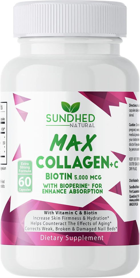 Max Collagen Plus C - 60 Caps, All Natural Collagen Capsules with Biotin & Bioperine for Anti-Aging