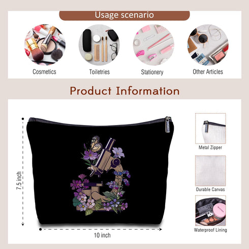 Floral Microscope Canvas Makeup Bag, Microbiology Science Teacher Gift, Science Women's Zippered Bag