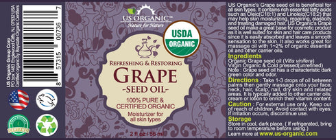 US Organic Grape Seed Oil – USDA Certified Organic, 100% Pure & Natural, Cold Pressed Virgin, 2 oz