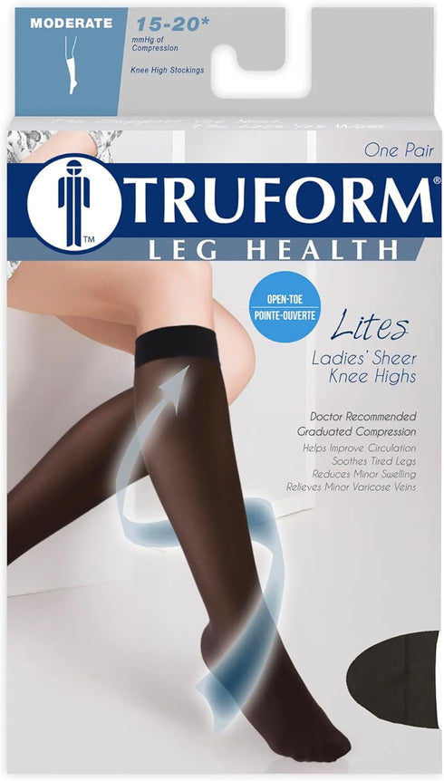 Truform Sheer Compression Stockings, 15-20 mmHg, Women's Knee High Length, Open Toe, 20 Denier, Beige, Large