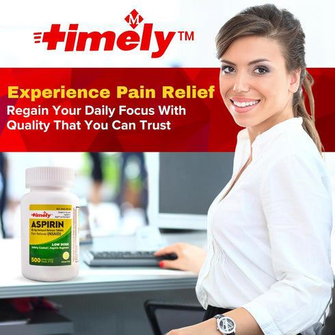 Timely Low Dose Aspirin 81mg, 500 Tablets, Pain Reliever for Minor Aches and Pains, Fever Reducer - Made in USA