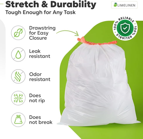 LIMELINEN 200 Count, 13-gallon 0.9 Commercial Tall Kitchen Trash Bags with Drawstring, Trash Bag of mil Thickness, Leak
