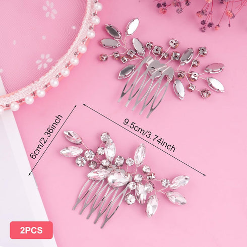 OIIKI 2PCS Silver Rhinestone Hair Combs, Clear Rhinestones Metal Bridal Hair Comb, Wedding Crystal Hair Accessories for Women, Girls, Brides for Christmas, Parties, Prom, Dance