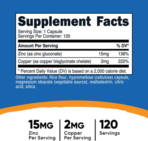 Nutricost Zinc + Copper Capsules (120 Servings)(15MG Zinc + 2MG Copper Per Serving) - Non GMO, Vegetarian