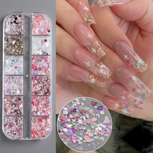 12 Grids Nail Art Glitter Sequins, Holographic Hexagon Chunky Nail Glitter for DIY Acrylic Nails Decoration