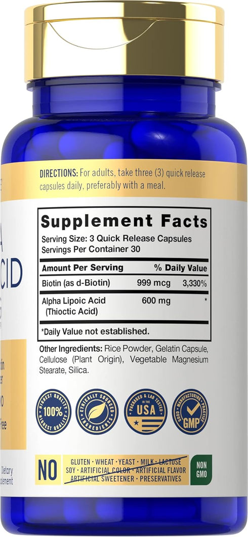 Carlyle Alpha Lipoic Acid 600mg | Plus Biotin Optimizer | 90 Capsules | Non-GMO & Gluten Free Supplement