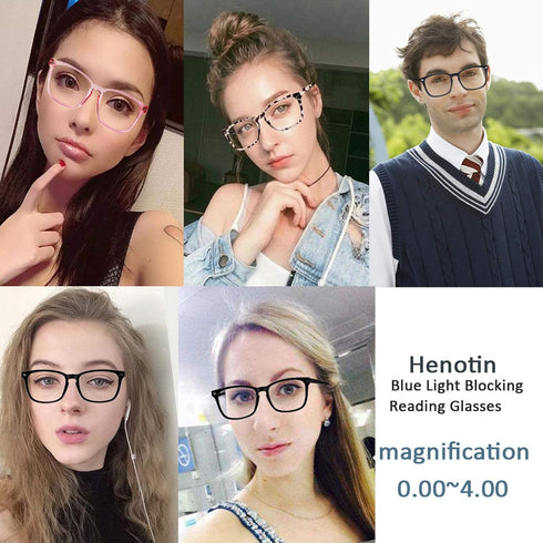 Henotin 4-Pack Blue Light Blocking Reading Glasses, Spring Hinge Computer Readers, Anti UV Ray Square Eyeglasses