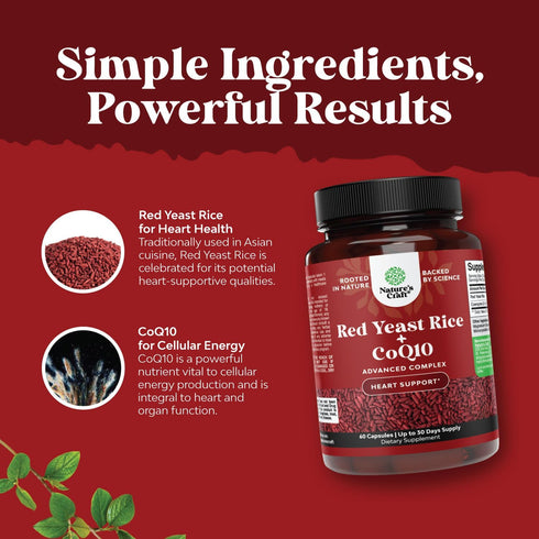 Red Yeast Rice with CoQ10 Supplement, 1200 mg Red Yeast Rice & 100mg CoQ10, Heart Health, Vegan, Citrinin-Free