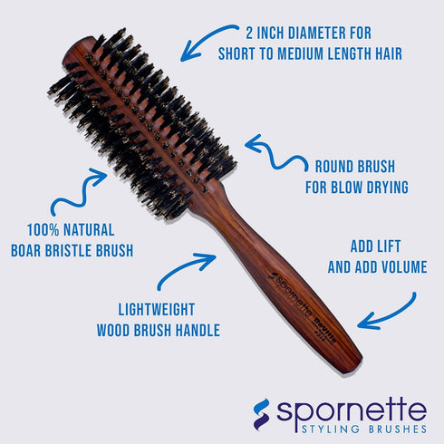 Spornette Deville Boar Bristle Round Brush, 2 Inch for Blow Drying, Curling & Styling