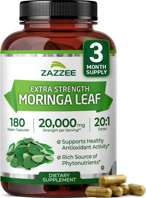 Zazzee Organic Moringa 20:1 Extract, 20,000 mg Strength, 180 Vegan Capsules, 100% Pure Oleifera Leaf