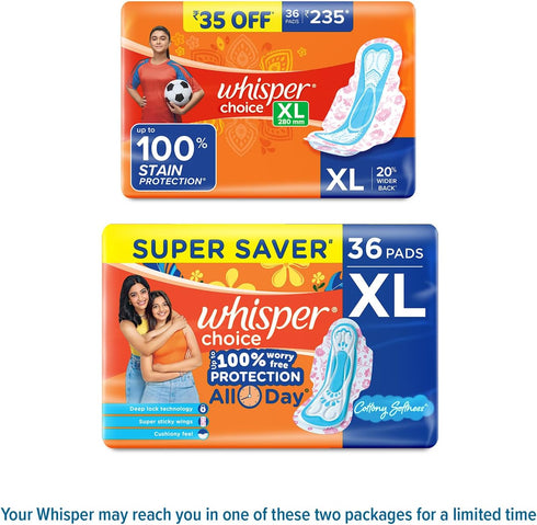 WHISPER 36 100% 20% Choice Sanitary Pads, XL Pads, Upto Stain Protection All Day, Longer Length for Better Coverage