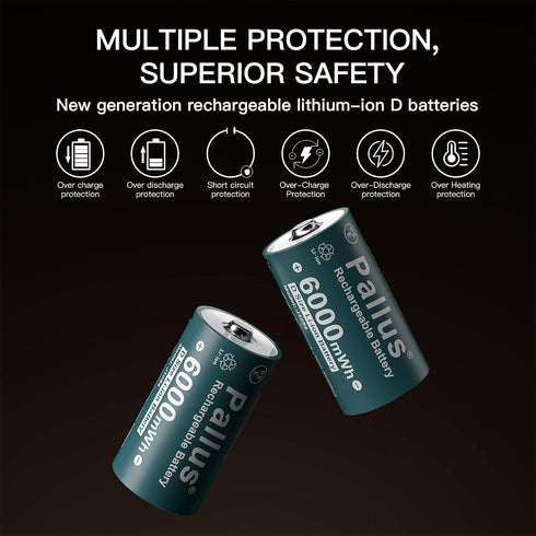 Pallus 4 1 4 Pack 1.5V LR20 6000mWh 1600x Rechargeable Lithium D Batteries with in USB-C Charge Cable, D Size Li-ion