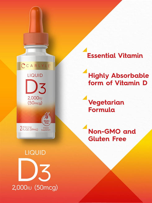 Carlyle Liquid Vitamin D3 2000 IU | 2 oz | Vegetarian, Non-GMO, Gluten Free Formula | Vitamin D Liquid Drops
