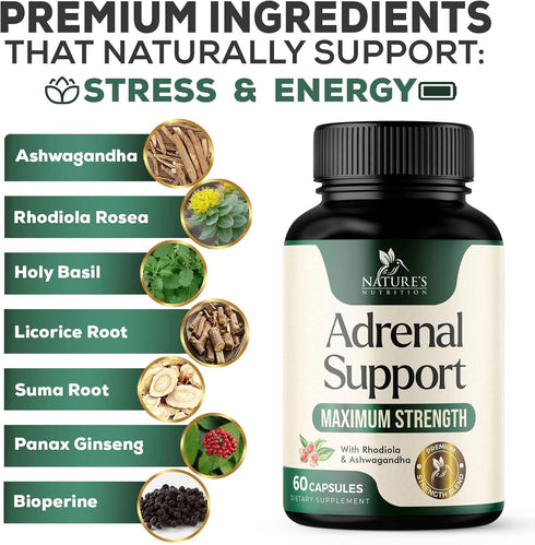 Adrenal Support Supplements with Ashwagandha, 10 Herbs for Cortisol Health, Energy, Stress, Relaxation, 60 Capsules