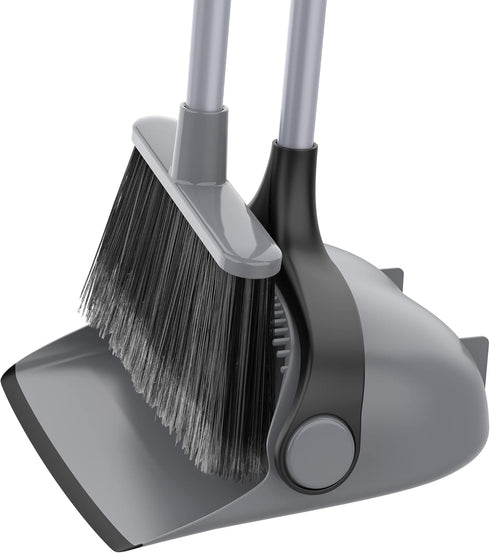 MR.SIGA Gray Broom and Dustpan Set with Adjustable Long Handle, Upright Combo for Floor Cleaning Lobby