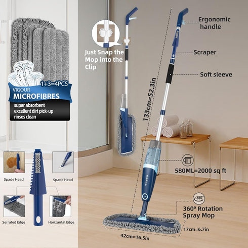 DARIS Spray Mop for Floor Cleaning, Microfiber Mop for Wet and Dry Use, 52.3in Long Pole, 20 FL.OZ. Capacity