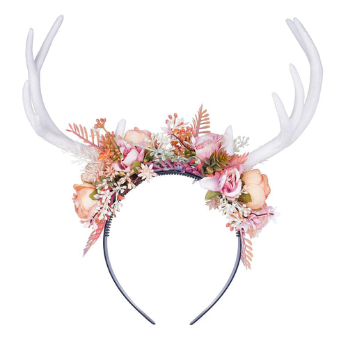 MOSTORY Handmade Pink White Antler Headband - Boho Fairy Deer Horns Hair Accessory for Renaissance Halloween Cosplay
