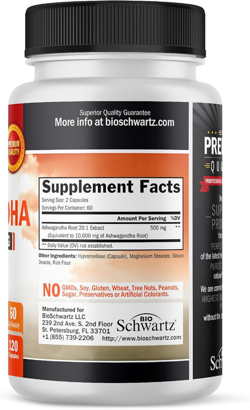 Ashwagandha Supplements - Extra Strength 500mg Capsules with 20 to 1 Root Extract, Stress Relief, Vegan Safe, 60