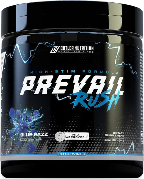 Cutler Nutrition High Stim Pre Workout Powder Prevail Rush for Men & Women (Sour Blue Razz, 20 Servings)