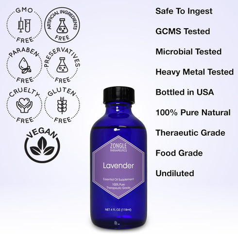 Lavender Essential Oil 4 OZ, Food Grade, 100% Pure Lavender Oil for Drinks, Skin, Hair by Zongle Therapeutics
