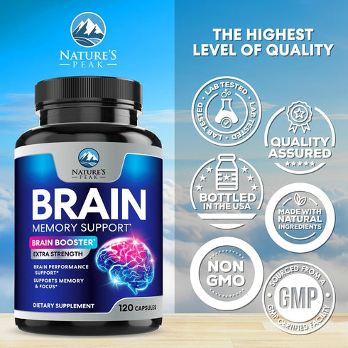Brain Supplements for Memory and Focus - Nootropic Support with Bacopa, Cognitive Vitamins, 120 Capsules