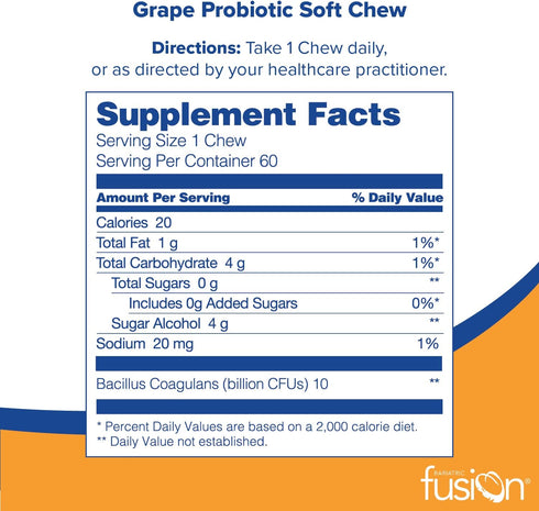 Bariatric Fusion Probiotic Soft Chews | Grape Flavor Chewy Bariatric Vitamin | 60 Count, 10 Billion CFU, Bacillus