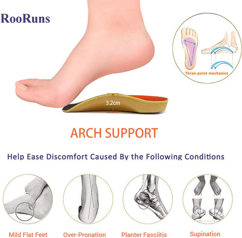 RooRuns Plantar Fasciitis Insoles - Orthotic Inserts 3/4 Length with Metatarsal Pads, High Arch Support