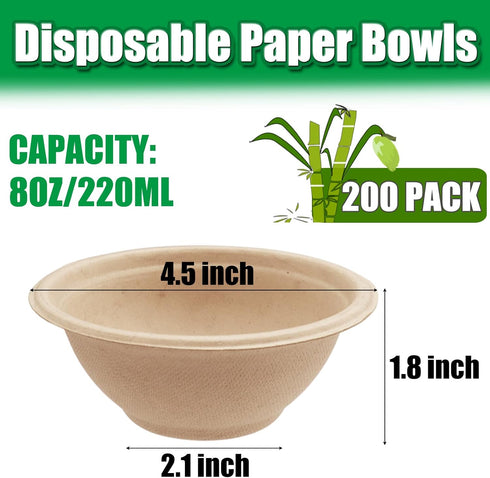200 Pack Compostable Natural Paper Bowls,8 oz Disposable Paper Bowls,Eco-Friendly Sugarcane Bowls,Heavy Duty Small Bagasse Bowls for Salad,Snack,Soup,Party Serving Treats by Tiaiidi