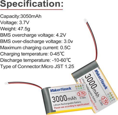 MakerHawk 2PCS 3.7V 3000mAh 103665 JST1.25 1000mA LiPo Battery Rechargeable Plug Lithium Polymer Battery with USB