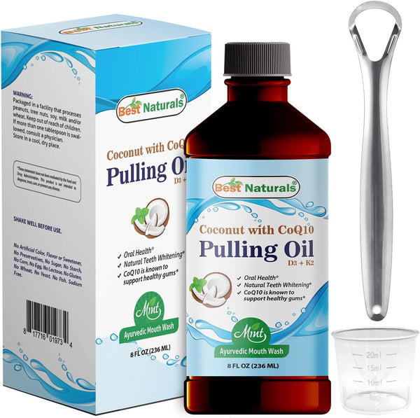 Best Naturals Coconut Pulling Oil with Vitamin D3, E, K2 & COQ10, 8 Fl OZ for Fresh Breath and Gum Health