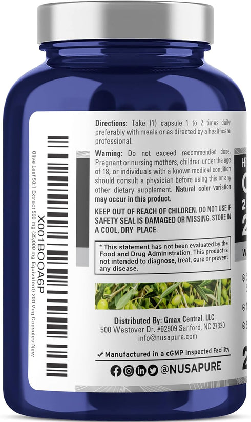 NusaPure Olive Leaf 20% Oleuropein 50:1 Extract, 500 mg Equivalent to 25,000 mg, 200 Veg Caps, Suitable for Vegetarians