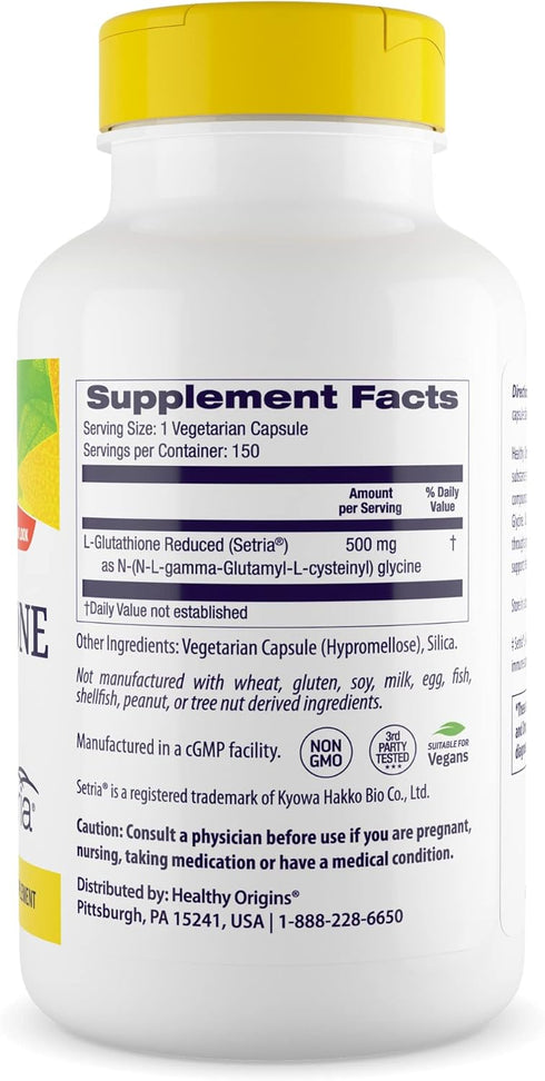 Healthy Origins L-Glutathione (Setria) Reduced, 500 mg, Immune Support Supplement, 150 Veggie Capsules