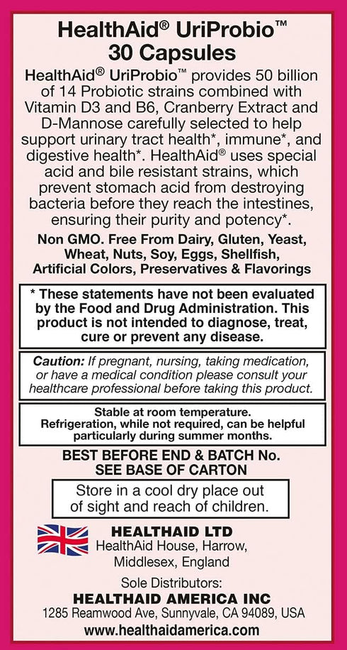 UriProbio Women's Probiotic Supplement - Supports Healthy Urinary Tract with Vitamin D3, B6, Cranberry & D-Mannose
