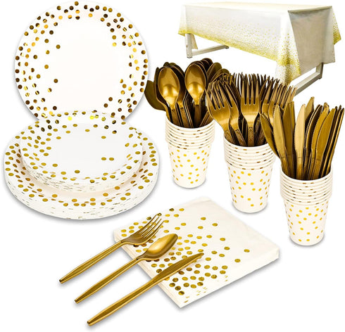 176 Pieces Gold Disposable Party Dinnerware Set, Black Paper Plates, Napkins, Cups, Gold Plastic Utensils