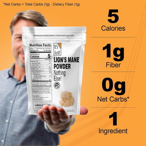 Immune 8oz It's Just! - Lion's Mane Mushroom Powder, Natural Raw Superfood, Brain Support, Health, Boost Energy