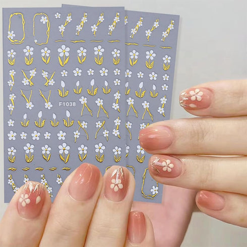 8 Sheets Gold Nail Stickers, Flower Nail Decals, 3D Self-Adhesive Leaf Nail Art Supplies for Women