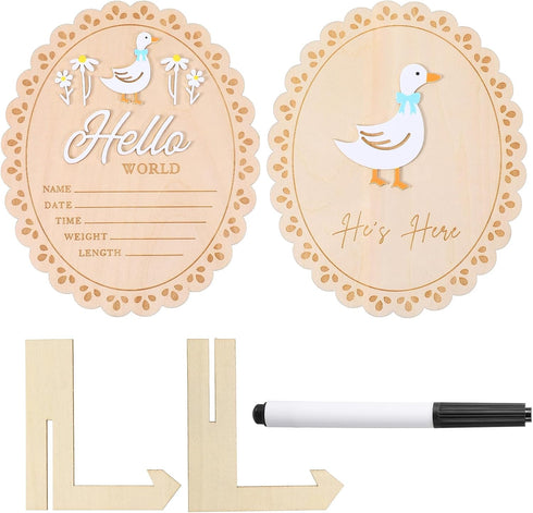 Tucnoeu Baby Announcement Sign, Wooden Hello World Newborn Welcome Sign, Hes Here Card