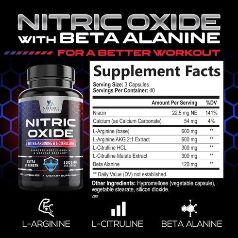Extra Strength Nitric Oxide Supplement L Arginine 3X Strength - 120 Capsules, Citrulline Malate, AAKG, Beta Alanine