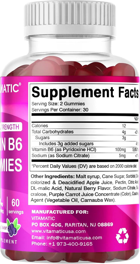 Vitamatic 2 Packs Vitamin B6 100mg - 60 Pectin Based Gummies - Berry Flavor - Nervous System Support