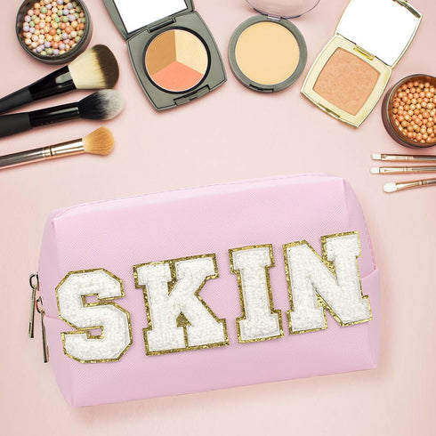 Preppy Patch Makeup Bag, PU Leather Portable Waterproof Cosmetic Bag for Daily Use (Pink)