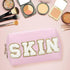 Preppy Patch Makeup Bag, PU Leather Portable Waterproof Cosmetic Bag for Daily Use (Pink)