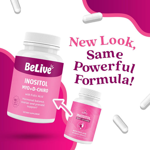 BeLive Myo-Inositol & D-Chiro Inositol Capsules - 90Ct Supplement with Folic Acid for Women