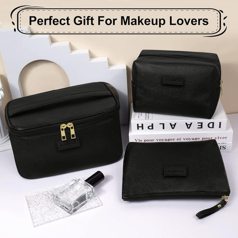 MAANGE Large Makeup Bag with 2pcs Small Bags, Portable Leather Travel Set for Women and Girls, Black