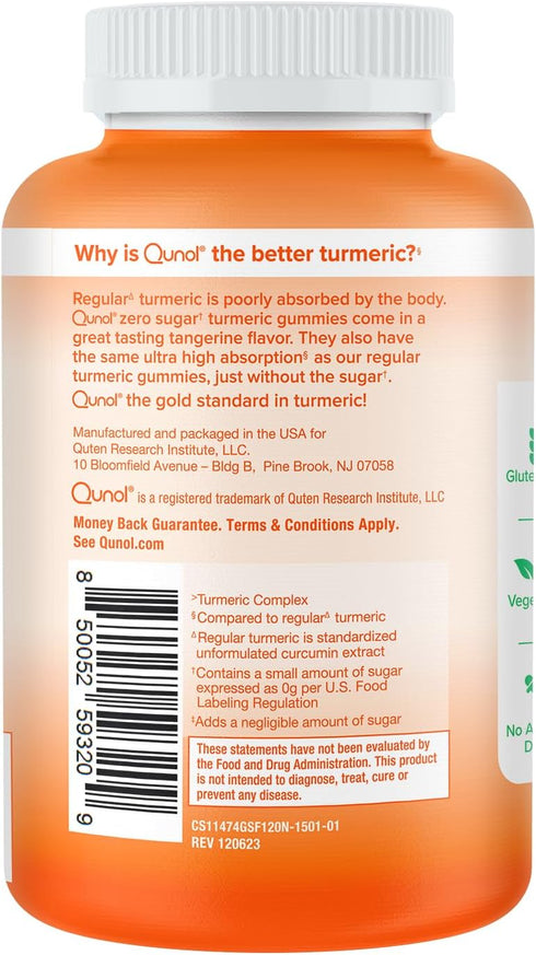 Qunol Zero Sugar Turmeric Gummies, 120 Count with 500mg Turmeric Curcumin for Joint Support