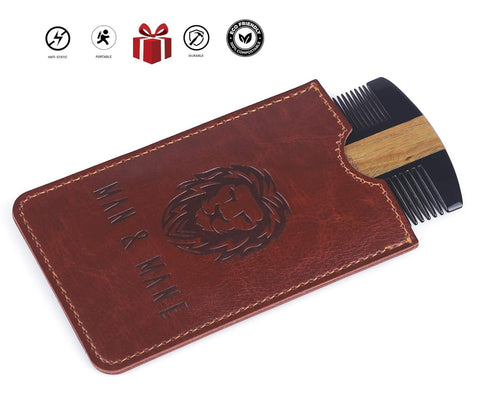 Premium Natural Ox Horn and Sandalwood Beard Comb, Dual-Action, Double Sided with Brown Protective Case