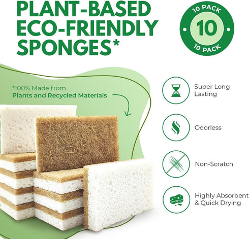 10 Pack Biodegradable Natural Kitchen Sponge - Compostable Cellulose and Coconut Walnut Scrubber Sponge - Eco Friendly Sponges for Dishes by AIRNEX