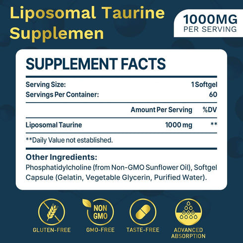 Liposomal Taurine Supplement 1000mg, High Absorption Amino Acid for Heart, Nerve, Brain, Visual, Longevity & Muscle (60 Softgels - 1 Pack)
