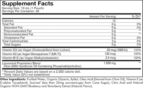Codeage Liposomal Vitamin D3 Liquid Supplement - Vegan Multivitamin Sachets, Berry Flavor, 30 Pouches