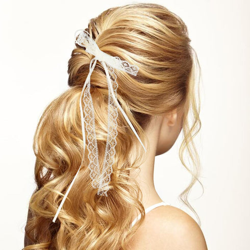 Lace Hair Bow with Long Tail Coquette Bows - Elegant White Ribbon Hair Accessory for Women (A Pair)