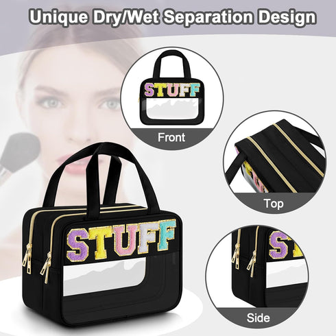 Chenille Letter Clear Makeup Bag, Preppy Cosmetic Bag with Zipper, Waterproof Travel Toiletry Bag for Women and Girls